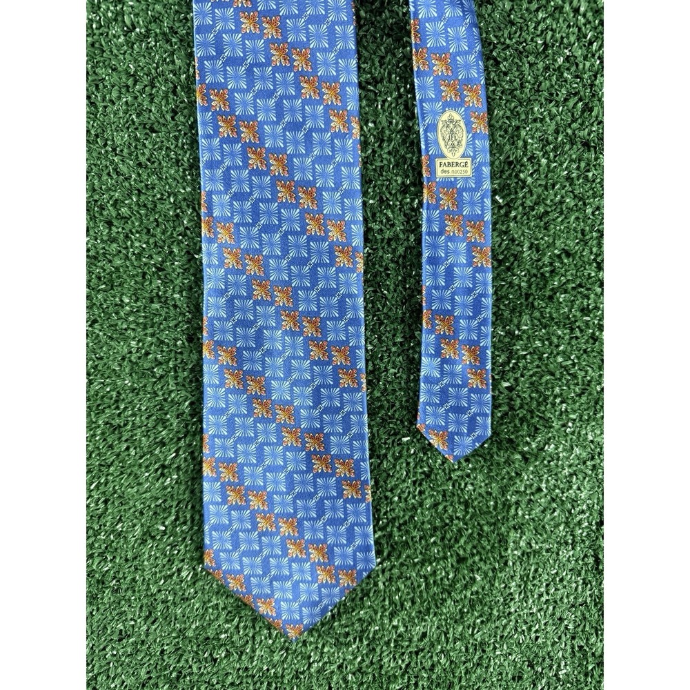 Faberge Silk Tie Blue Orange Geometric Imperial Crest Handmade